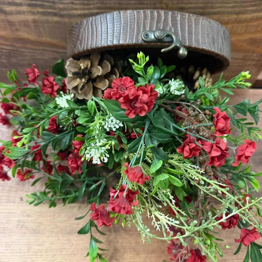 Floral Arrangement in Faux Crocodile Oval Box Red Floral Pinecones Decor Vintage